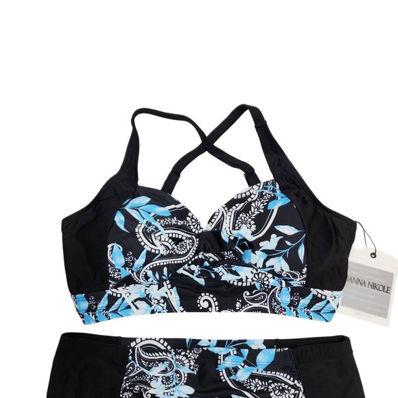 Hanna Nikole Womens XL Floral Print High-Waisted Bikini Set Black Blue - Picture 4 of 6